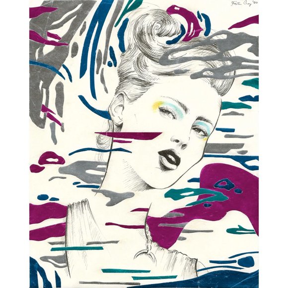 ORIGINAL FRAMED ART Metallic & Ink Graphic Illustration Drawing of Fashion Model - Picture 3 of 13